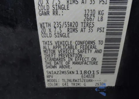 2019 Nissan Murano Sl from USA, damaged, VIN 5N1AZ2MS5KN118015